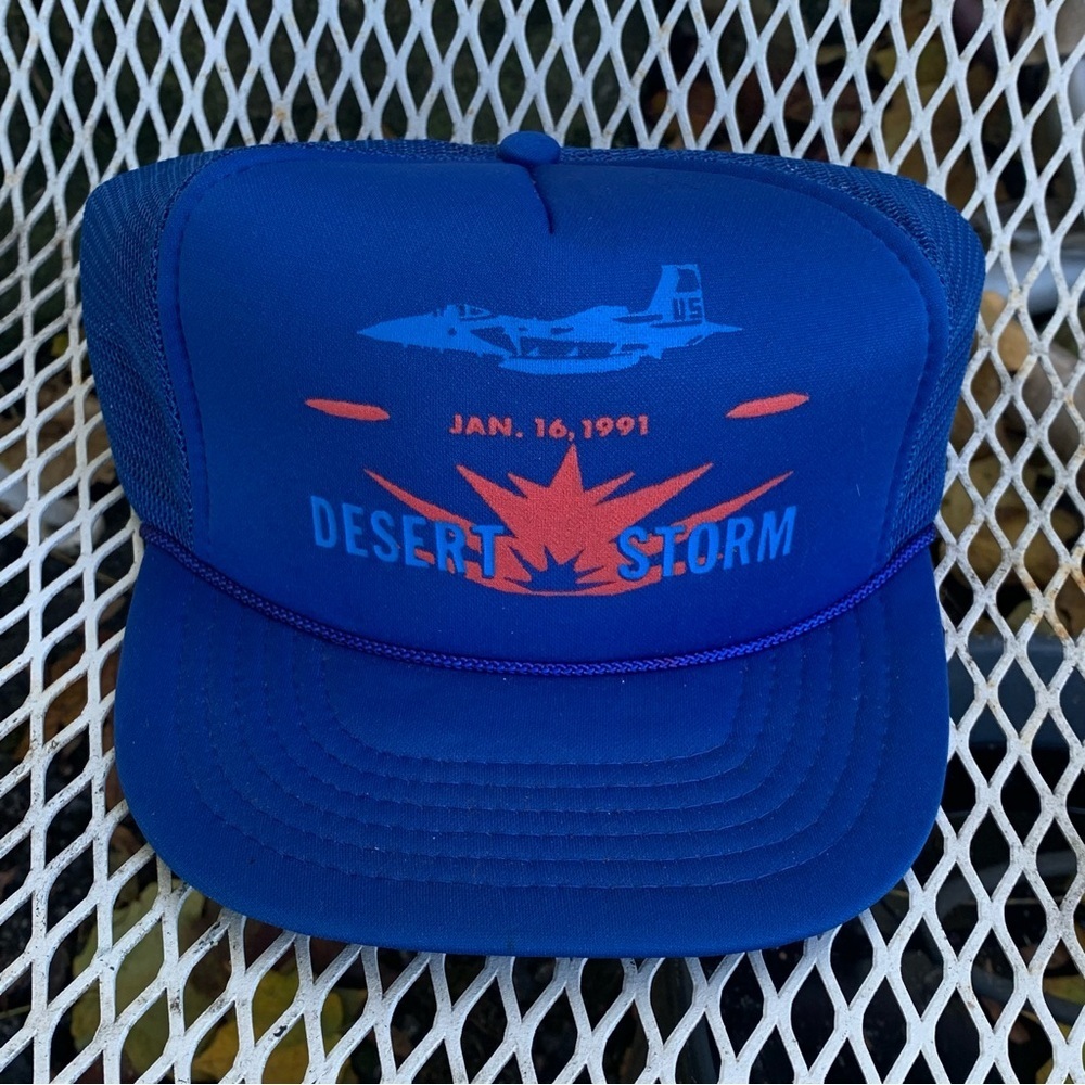 Vintage 1991 Blue Desert Storm Trucker Hat Fighter Plane